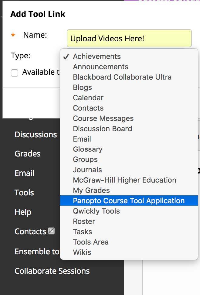 Enter a name, select Panopto Course Tool Application and click submit